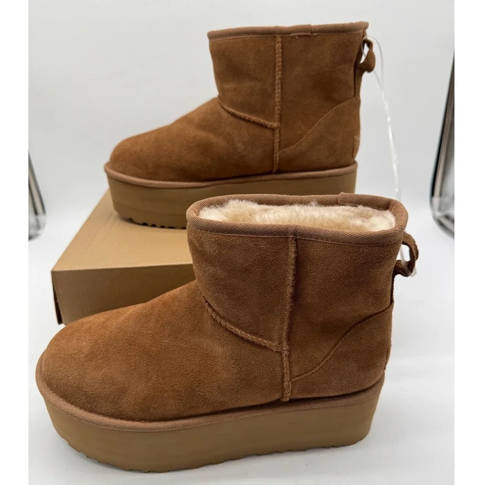 UGG‎ W Classic Mini Platform Chestnut Suede Shearling Lined Ankle Boots US 9